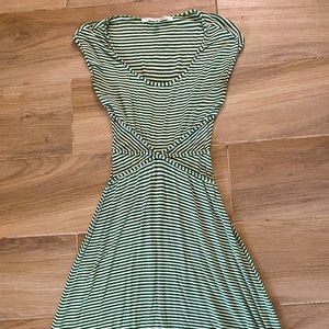 MIDI length green and white striped dress with cute waist detail